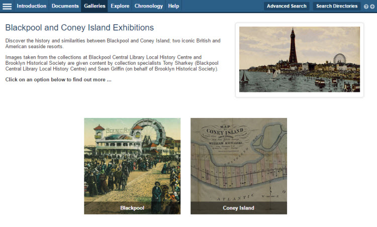 Screenshot of the 'Online Exhibition' landing page, showing thumbnails for Blackpool and Coney Island.